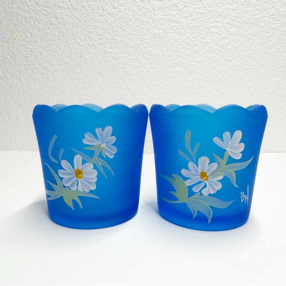 Vintage Hand Painted Daisy Floral Confederate Glass Votive Candle Holders
